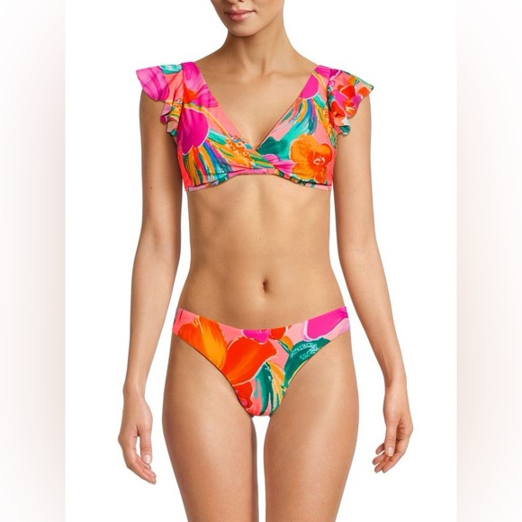 NWOT LA BLANCA Isla Printed Flutter Sleeve Bikini Top Size 14 - Picture 2 of 8